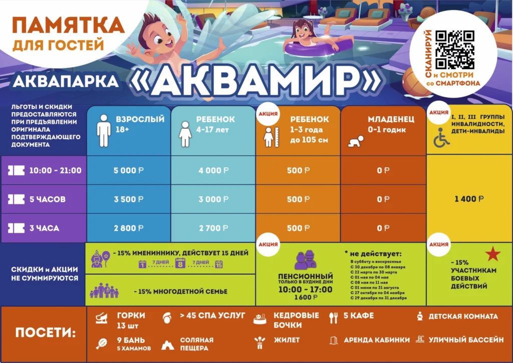Цены на билеты в 2026 году (Инфографика с ценами на билеты в 2026 году с официального сайта аквапарка akvaparknsk.ru)